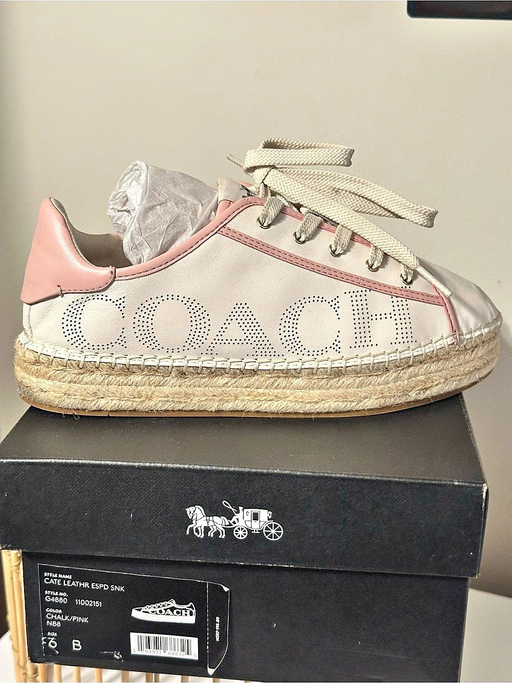 Coach Cate Leather Espadrille Sneaker White & Pink US 6